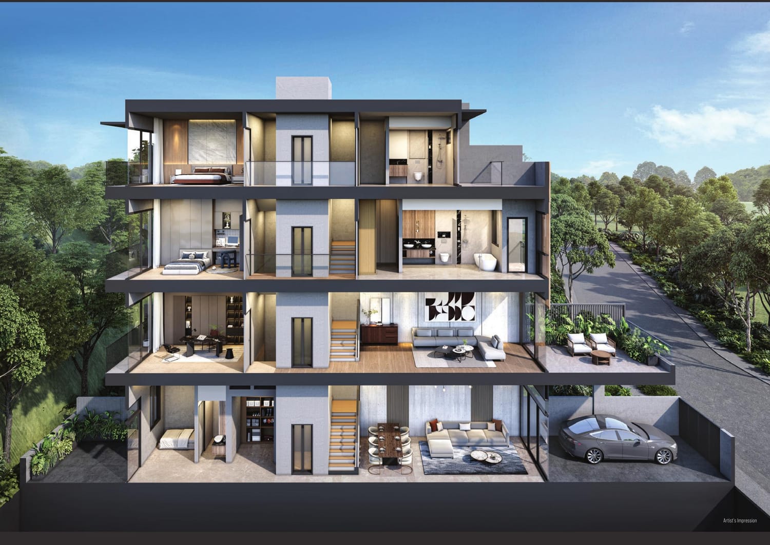 Cross-section of the 3-storey + attic layout (artist's impression)
